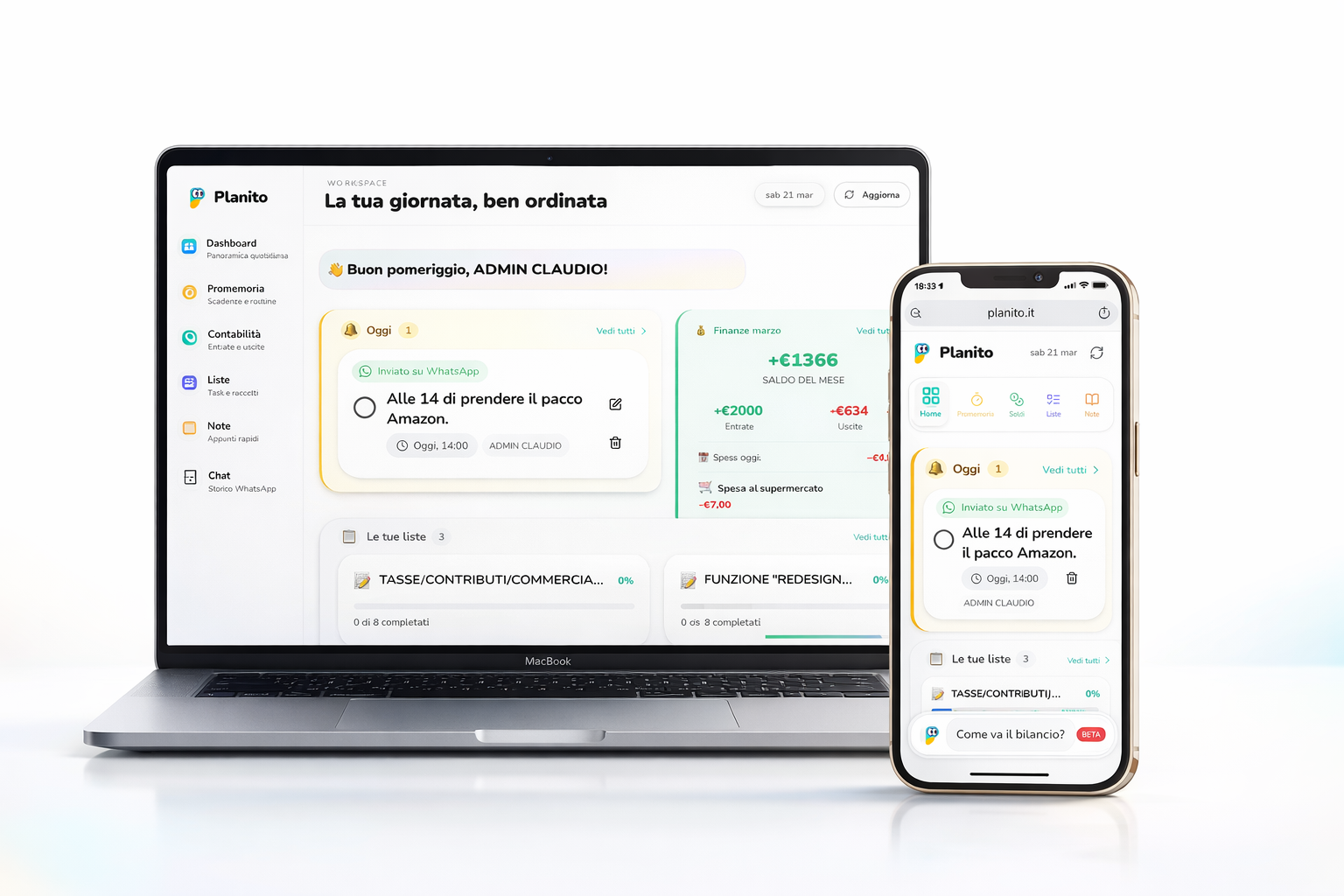 Dashboard personale di Planito accessibile da smartphone e computer
